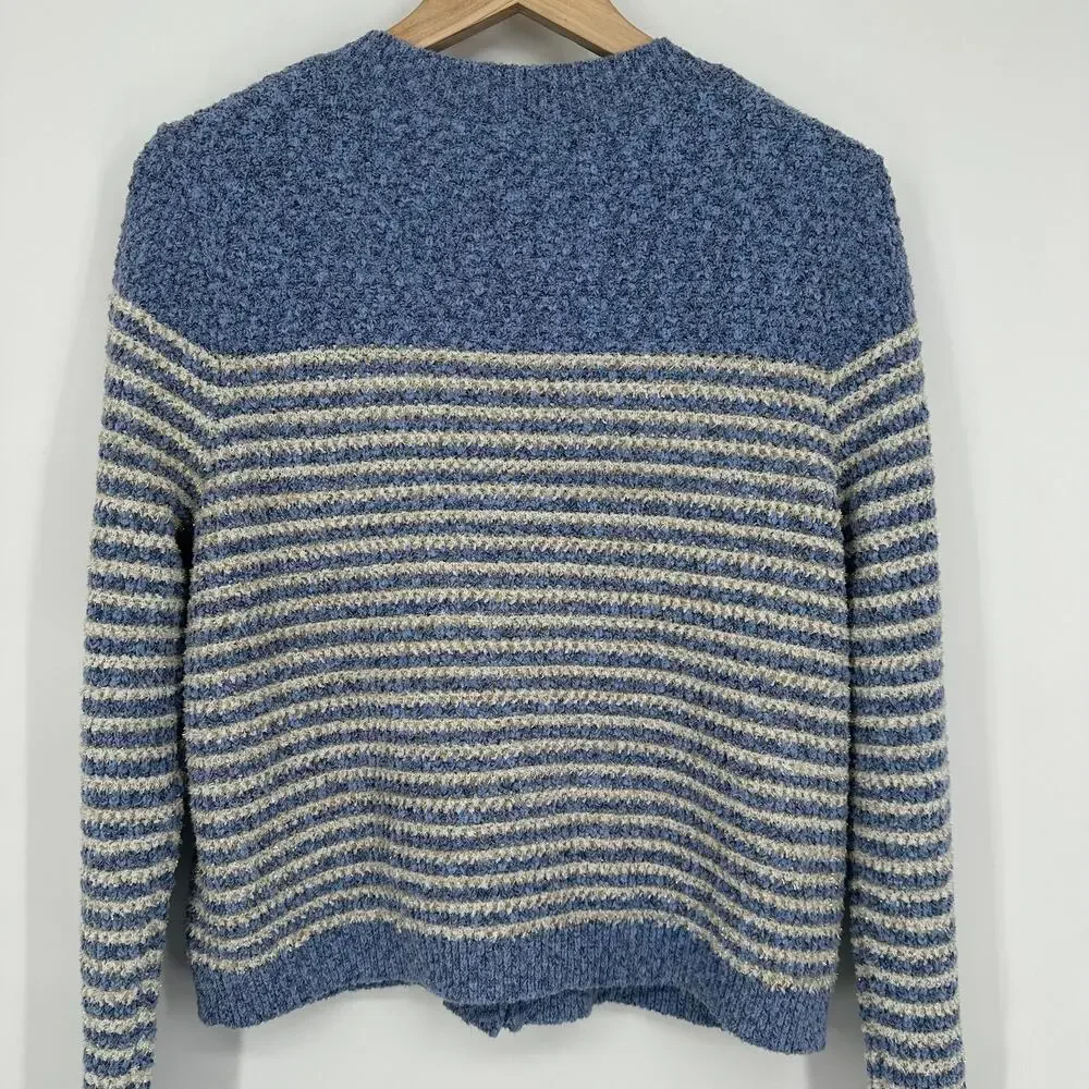 Ann Taylor Denim Striped Cardigan Gold Button Sweater Jacket Metallic Blue White - Picture 10 of 13